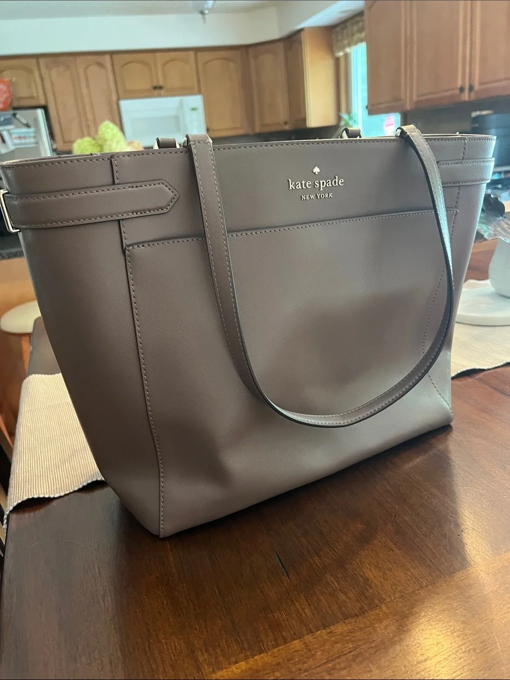 kate spade taupe/purple Leather Laptop Tote with Zipper pocket and Dual Straps